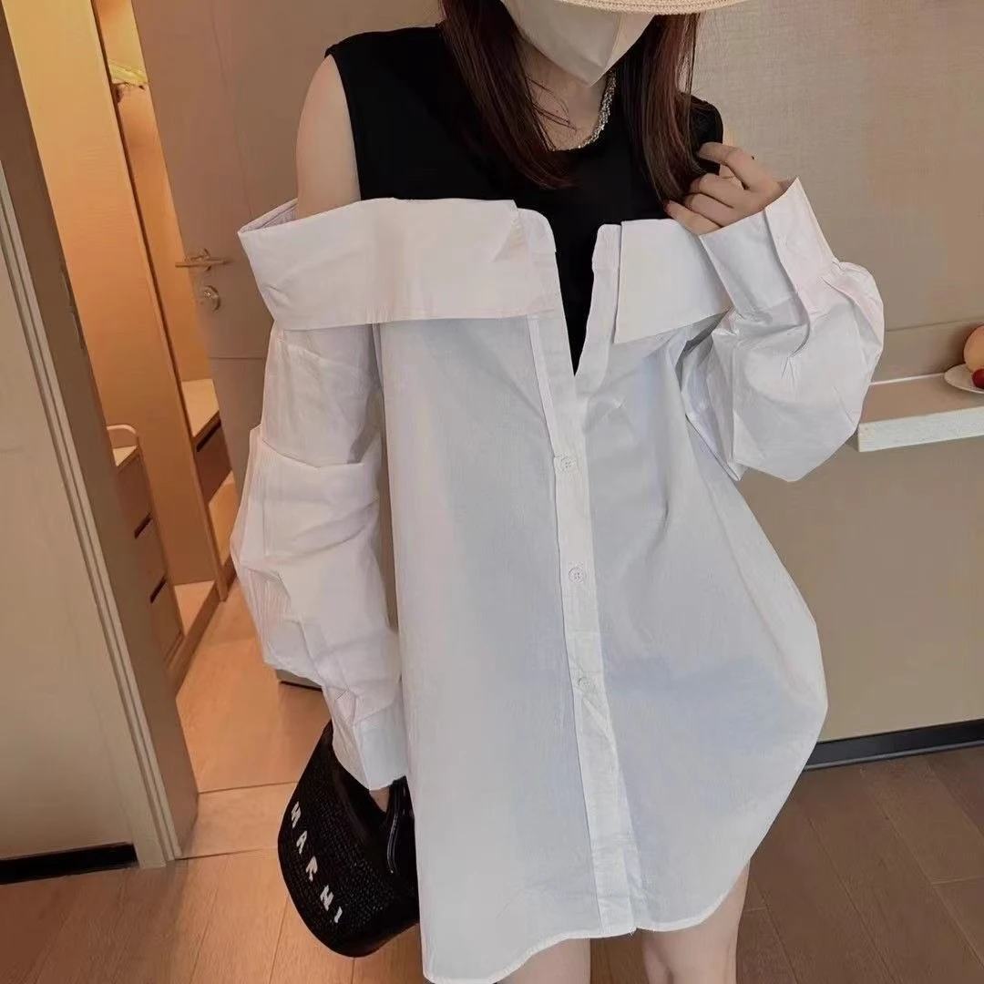 Mode coréenne chemisiers à épaules dénudées femmes mince réservoir ample épissé chemises à manches longues automne col rond femmes chemise Рубаrien Ж Dien Döncud
