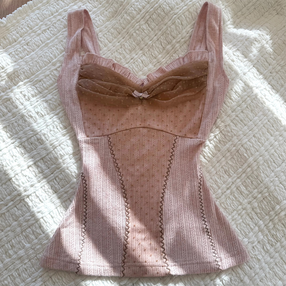 Femmes été fée Grunge débardeurs Vintage esthétique dentelle garniture Cami chemise coupe ajustée tricot côtelé Coquette Boho plage gilet vêtements