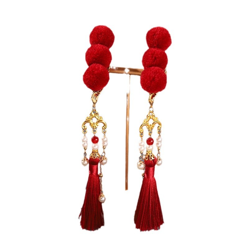 Épingle à cheveux à pompon rouge pour double chignon, style Hanfu du Nouvel An, accessoire de coiffure de style ancien pour femmes et pour la cérémonie parent-enfant