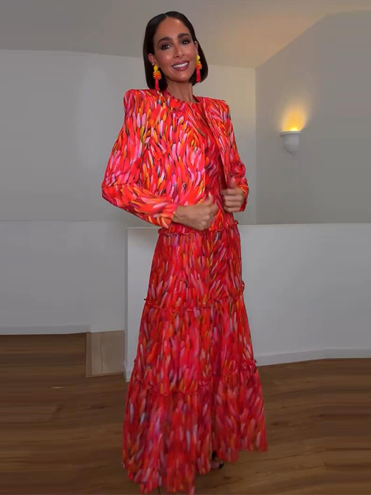 Nouvel Ensemble Élégant Imprimé pour Femme : Manteau à Manches Longues et Robe Trapèze Col Rond – Collection Automne 2026