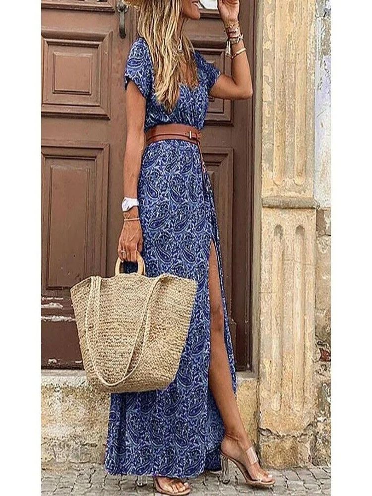 Robe mi-longue plissée florale en forme de H pour femmes, col en V, manches bouffantes, taille froncée, robes boutonnées, robe d'été élégante
