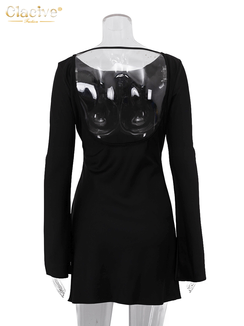 Robe Courte Décontractée Noire pour Femme Clacive Fashion 2026 – Col Rond, Manches Longues, Élégante et Simple, Style Urbain