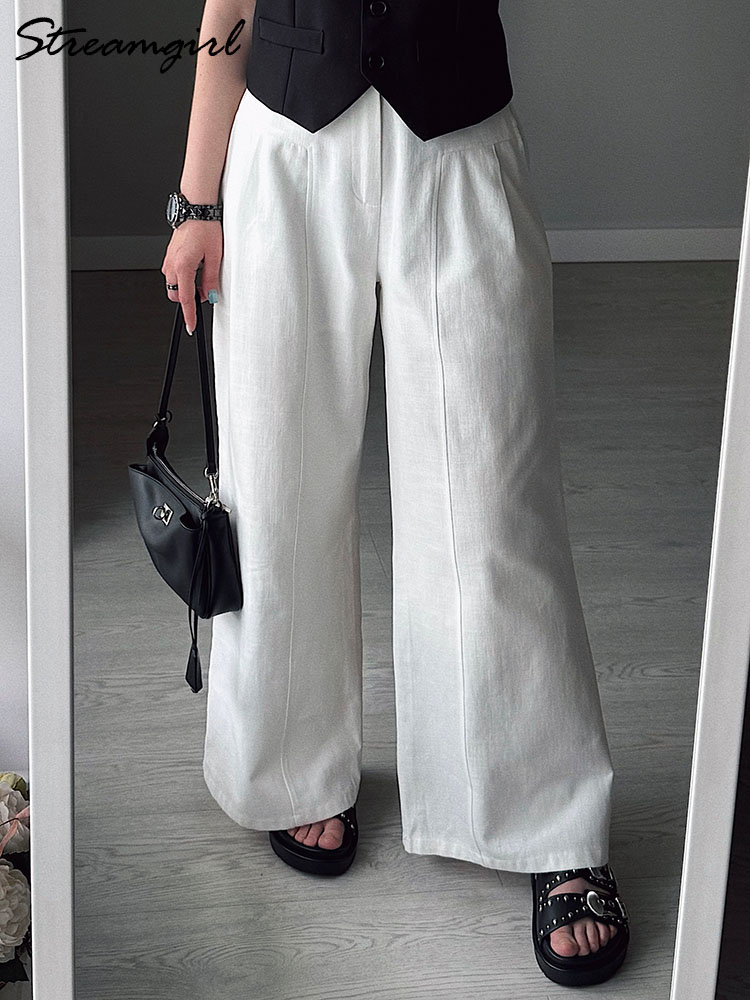 Pantalon blanc d'été pour femme en coton, taille haute, coupe large, élégant, pour le bureau