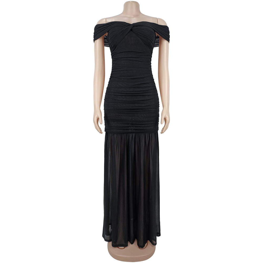 Robes pour Femme 2026 – Élégante Robe Longue de Soirée Sexy à Épaules Dénudées, Froncée à la Taille, en Maille, Coupe Ajustée, Style Sirène