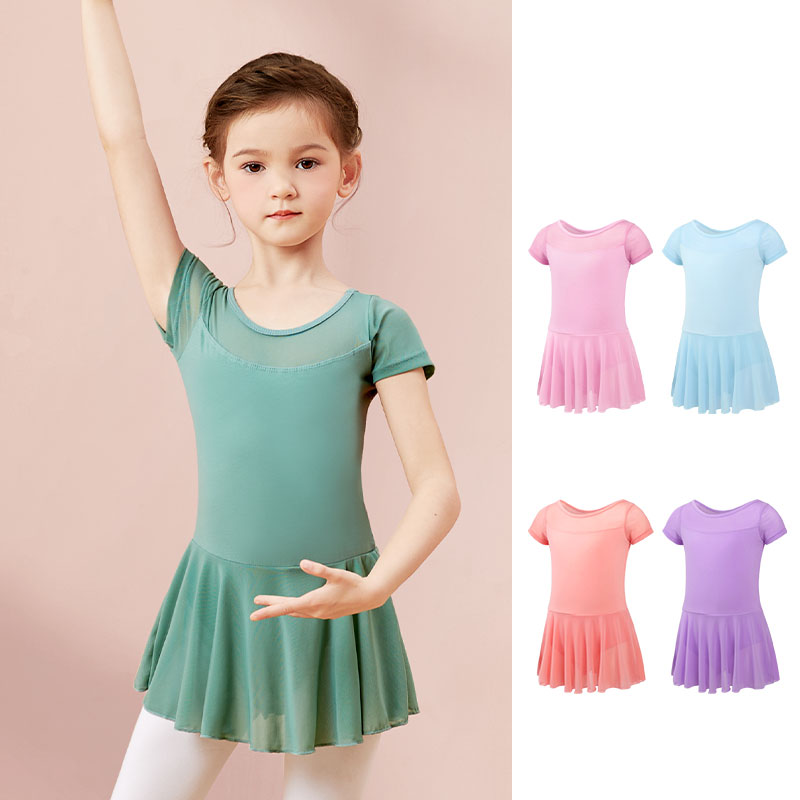 Robe de Ballet pour filles, justaucorps de danse, maille épissure, manches courtes, jupe en mousseline de soie, body de Ballet, Costumes de danse