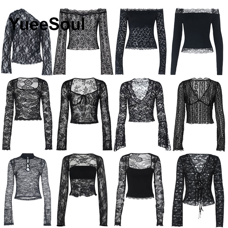 T-shirt Noir en Dentelle à Manches Longues pour Femme, Pull Sexy et Ajusté, Nouveauté Été 2026, Style Gothique Harajuku Y2K, Idéal pour Fêtes et Clubs