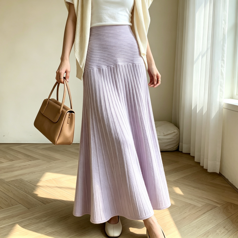 Jupe longue plissée en maille côtelée pour femme, taille haute élastique, coupe trapèze fluide, couleur unie, style coréen, décontractée, pour l'hiver