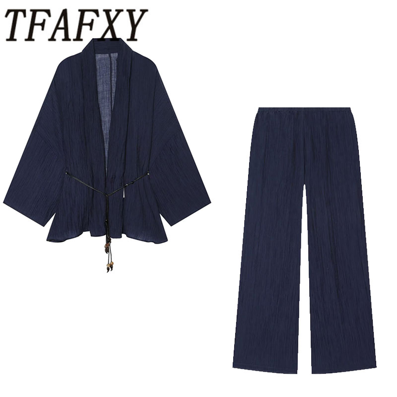 TFAFXY 2026 Nouvel ensemble mode chic décontracté d'été pour femme : chemise plissée semi-transparente à manches longues et pantalon droit ample