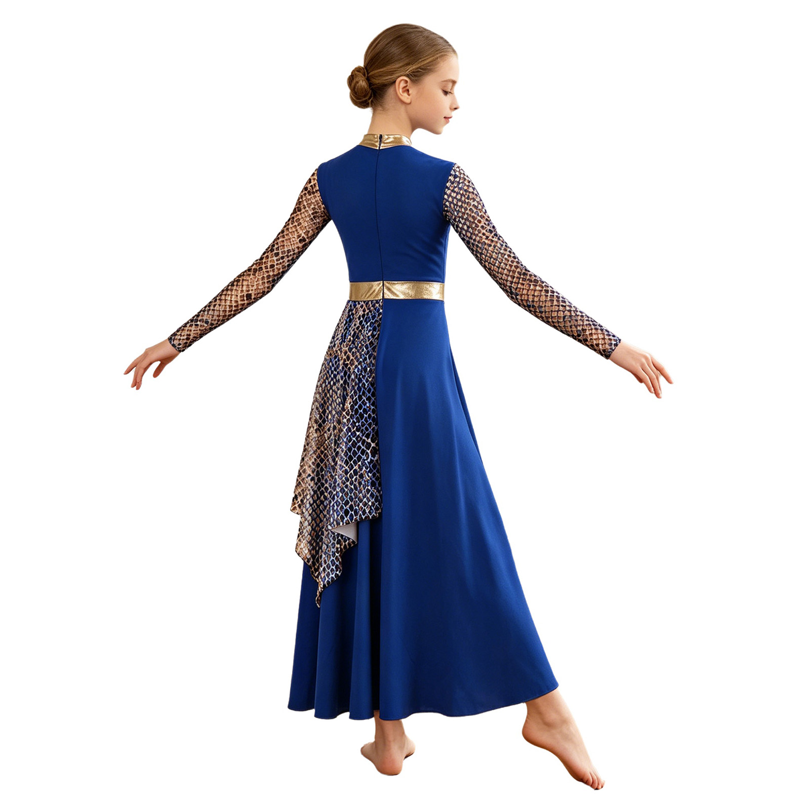 Robe de danse lyrique pour filles, robe de scène à manches longues, imprimé métallique, pour la liturgie, le culte, le chœur d'église