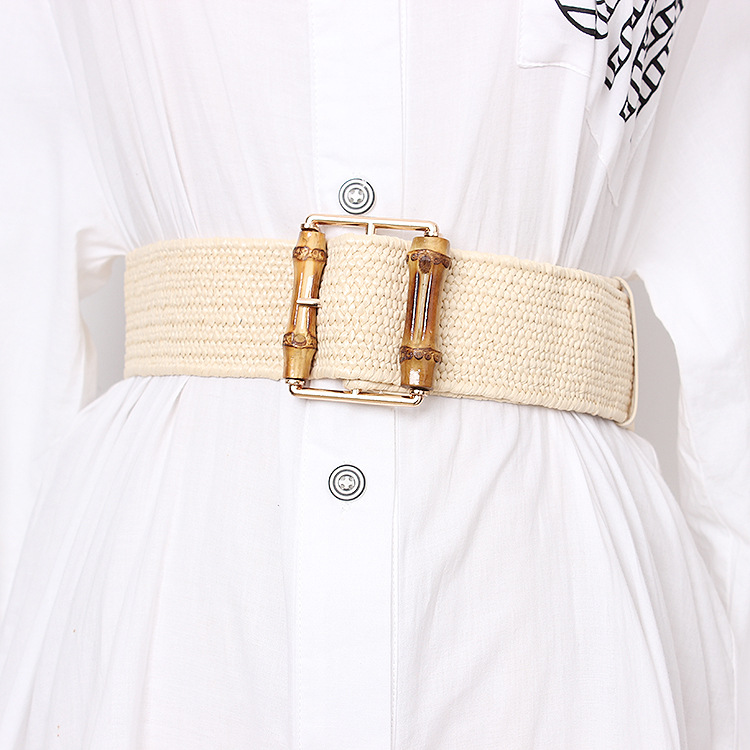 Nouveau tissage élastique femmes ceinture marque de haute qualité bohème bambou aiguille boucle herbe tricot robe Cintos blanc cassé ceinture