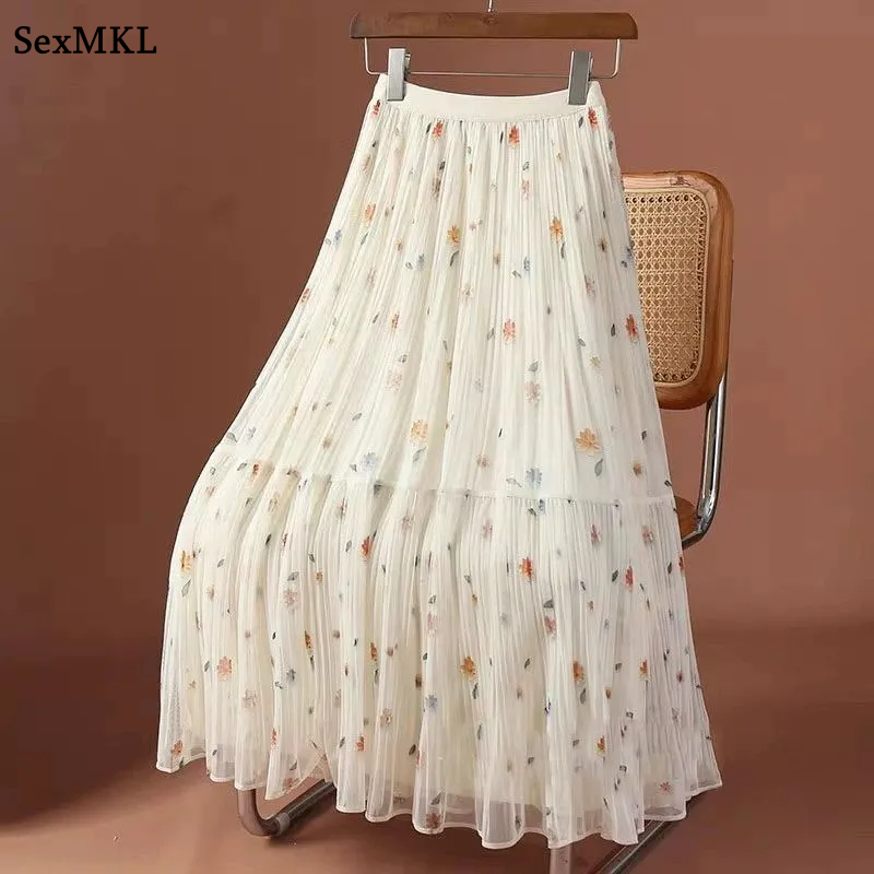 Vintage imprimé fleuri une ligne rose jupes femmes 2025 Casaul mode coréenne Y2k vêtements taille haute Harajuku jupe longue plissée