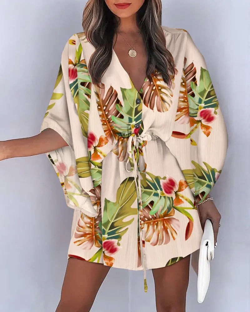 Robe d'été à imprimé floral pour femmes, manches chauve-souris, col en V, ourlet irrégulier à volants, vêtements féminins décontractés Boho, nouveau, 2024