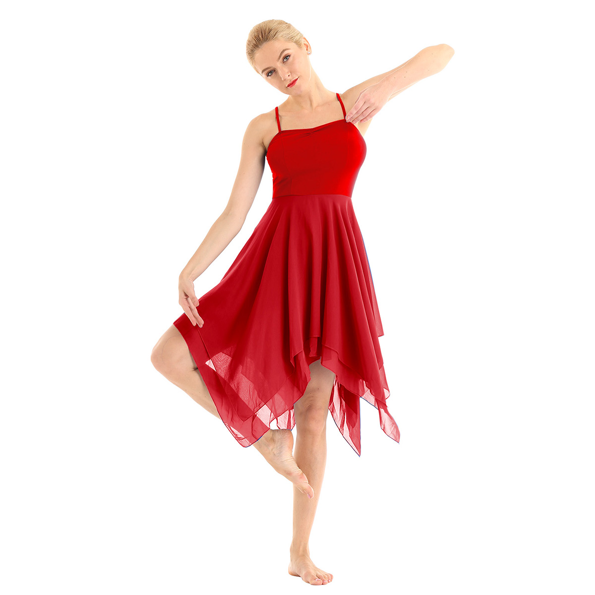 Robe de Ballet pour femmes, robe de gymnastique de ballerine, pour adultes, bretelles Spaghetti, sans manches, asymétrique, en mousseline de soie, robe de danse contemporaine