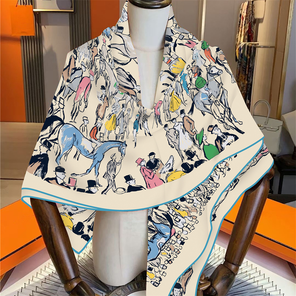 Foulard carré pour femme 135 cm, 30% soie 70% cachemire, ourlet roulé à la main, imprimé Steed Market, grand hijab, bandana, écharpe, foulard