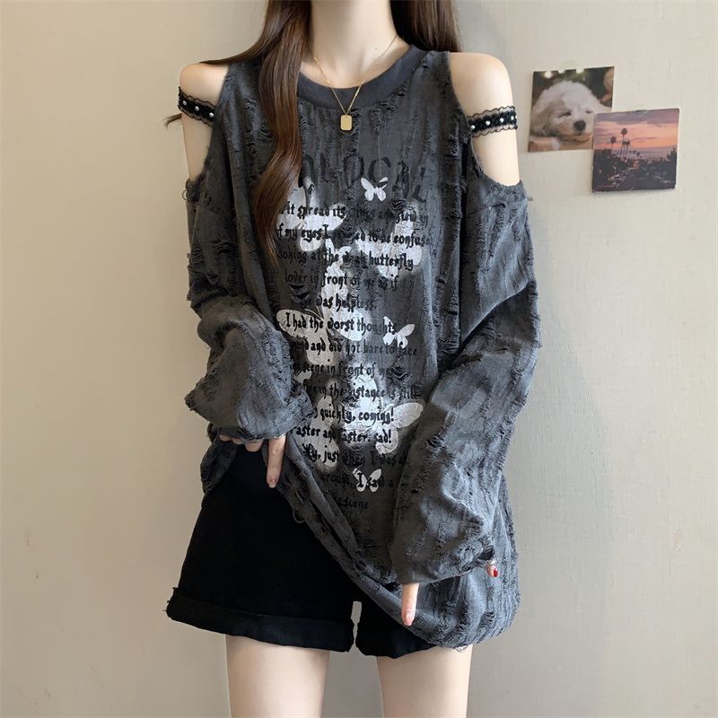 Femmes vêtements épaules dénudées ample imprimé lettre rue décontracté hauts printemps été à manches longues trou coréen t-shirts décontracté mode