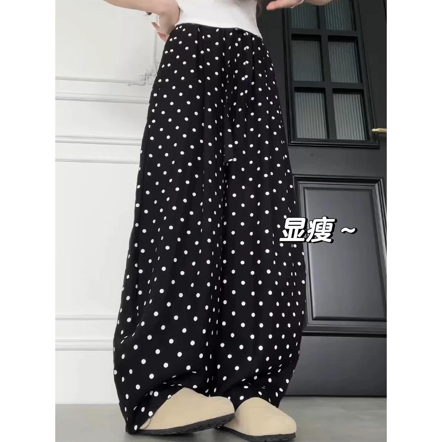 Pantalon large en lin à pois pour femme, style coréen, taille haute, coupe décontractée et droite, idéal pour l'été
