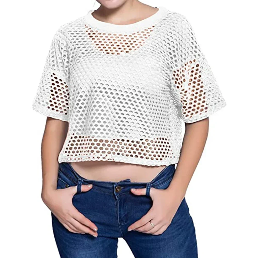 Mode dame résille Transparent culture hauts T-shirt pour femmes été à manches courtes col rond solide T-shirt t-shirts vêtements féminins