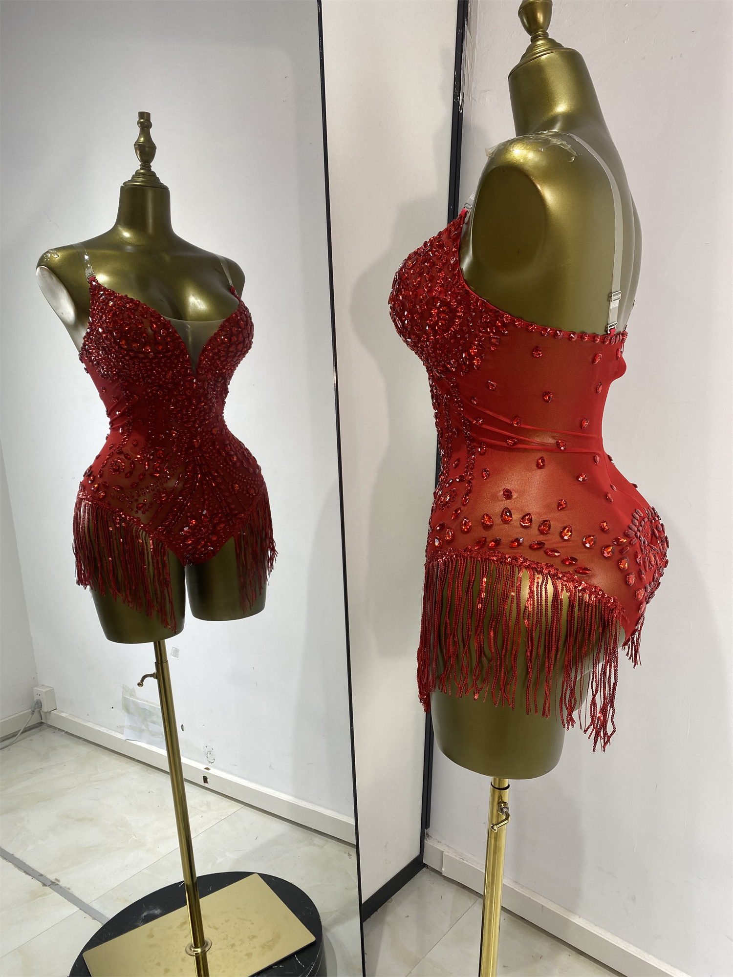 Robe Burlesque pour femmes, rouge, brillante, avec strass, franges, maille transparente, combinaison pour soirée, club, bar, spectacle pour adultes