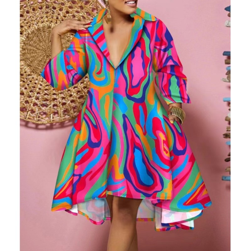 Femmes Sexy mode imprimé chemise robes Chic col en V ample à manches longues Robe casual vacances femme Mini robes Robe vêtements