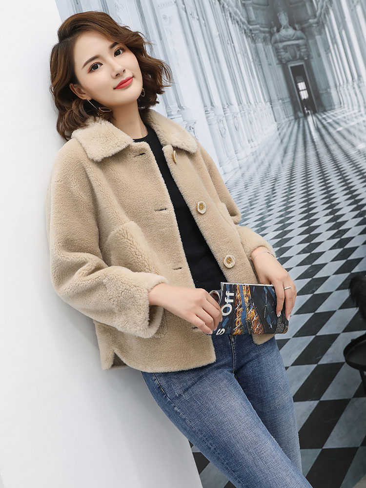 Manteau d'hiver en vraie fourrure de mouton pour femme, en véritable laine, col rabattu, chaud, veste de cisaille