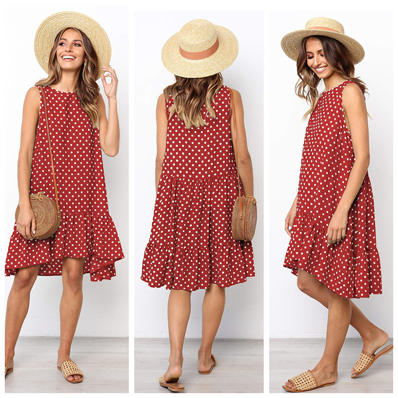 Robe longue décontractée d'été à pois et à volants pour femmes, sans manches, col rond, ourlet ample, nouvelle mode