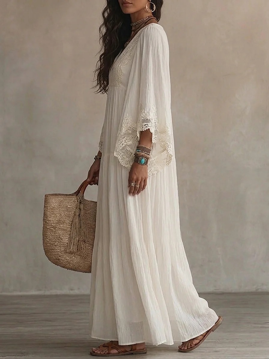 Robe longue style plage pour femme, blanche, col en V, manches chauve-souris, dentelle, élégante, ample, mode estivale, robes de vacances