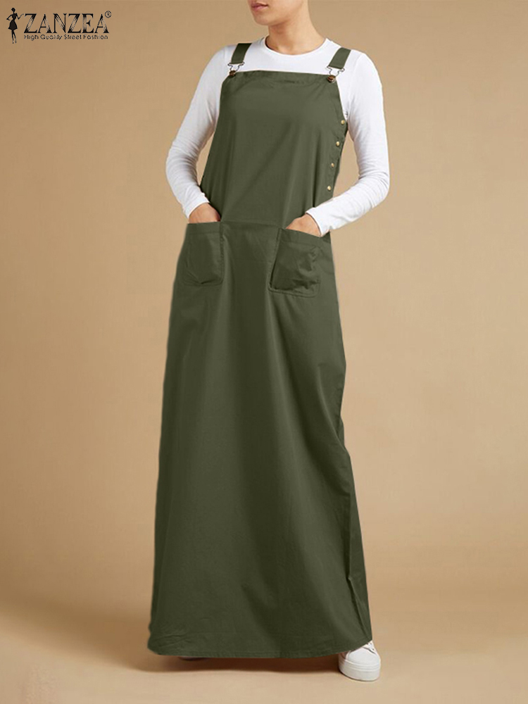 Femmes automne Robe d'été ZANZEA 2025 caftan bretelles Robe élégante solide salopette robes femme col carré boucle Maxi Robe