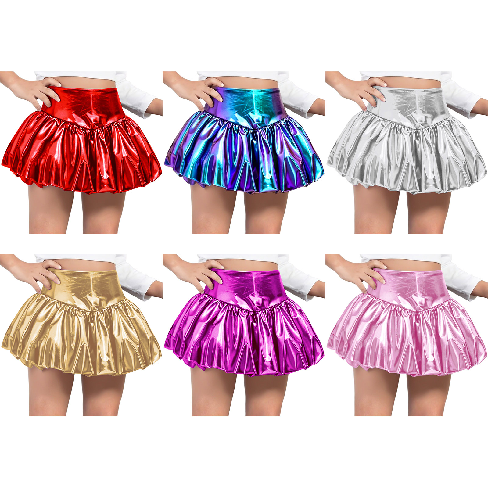 Jupe de danse Disco pour enfants filles, jupe à bulles métallique, ceinture élastique, jupes à bourgeons brillants, mode Jazz, vêtements de danse de pom-pom girl