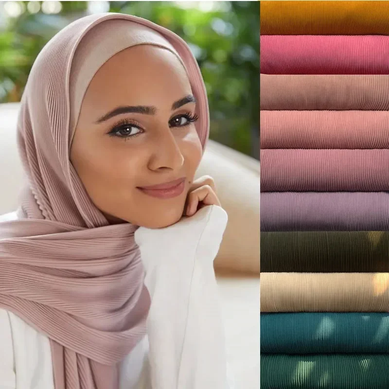Foulard Hijab Plissé en Mousseline de Soie pour Femme Musulmane, Turban, Pashmina, Châle, Bandana, Bande de Sauna, Grande Taille