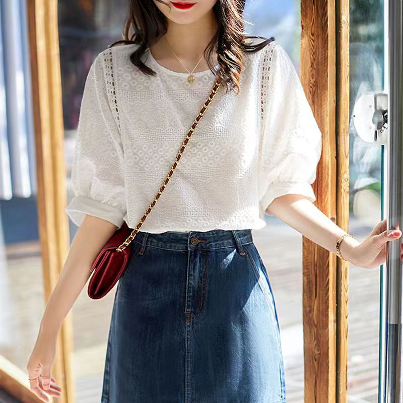 Mode été nouvelle broderie coton dentelle col rond Blouses décontractées nouveau coréen femmes lanterne manches chemises amples vêtements hauts Chic
