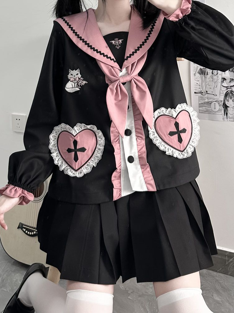 Ensemble deux pièces japonais Kawaii pour femmes, chemisier en dentelle brodée de chat esthétique, grunge + mini jupes plissées dégradées, tenue trempée, Y2K