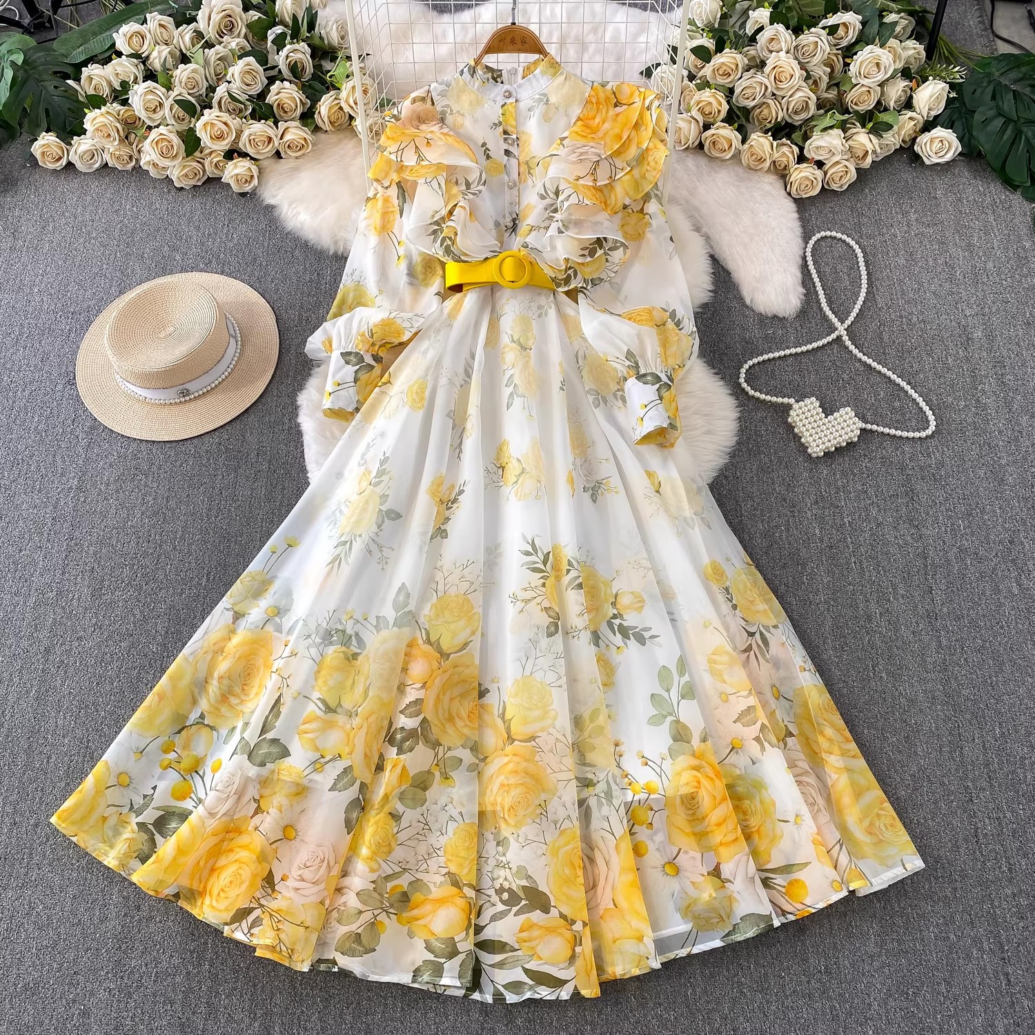 Robe Chic et Élégante à Col Montant, Manches Longues Bouffantes, Grande Jupe Évasée, Boutonnage Simple, Ceinture Ajustable, Imprimée, pour l'Été