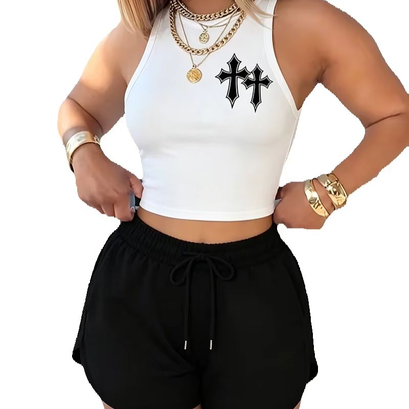 Ensemble pour femme - Débardeur décontracté d'été à imprimé croisé et couleur unie à col rond + Short uni à taille élastique avec cordon de serrage