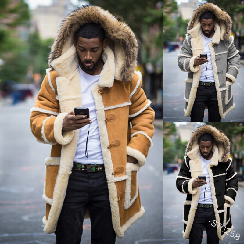 Pardessus hommes hiver nouvelle veste longue ample rembourrée en coton fourrure marron intégré laine d'agneau manteaux à capuche mâle