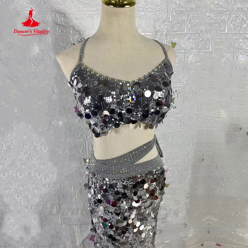 Costume de brevdu Ventre pour Femme, Vêtement de brev, Grand Soutien-Gorge à Paillettes, Haut + Jupe Longue Fendue, 2 Pièces