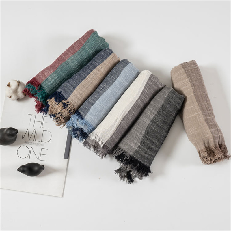 Écharpe rayée en coton et lin pour hommes, automne hiver, Patchwork, foulard chaud, accessoires masculins, châle Bufanda