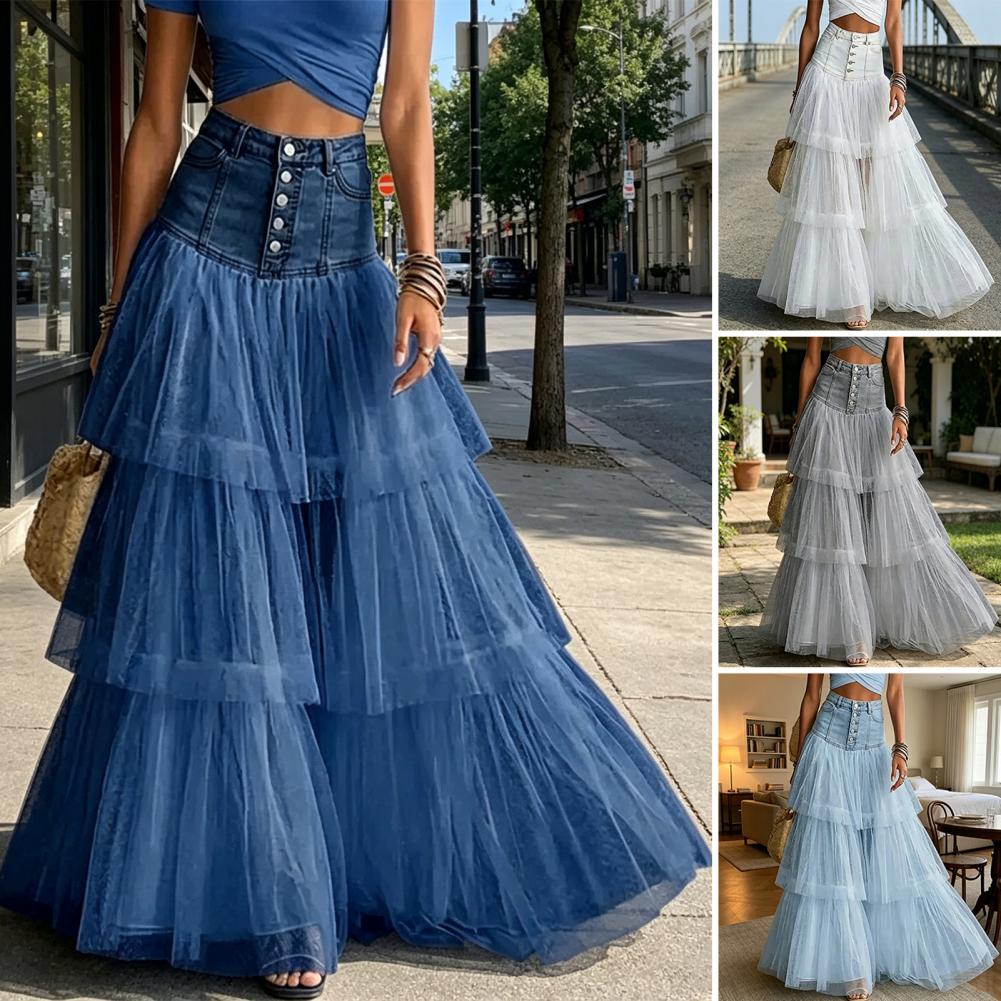 Jupe longue pour femme, taille haute, à volants moelleux, superposée, en tulle uni, style jupe à étages, pour mariage, fête, danse, ou comme sous-jupe de robe