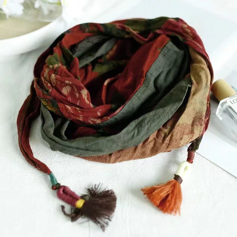 Rétro femmes écharpe impression florale contraste couleur coton mode hiver automne rétro décontracté longue écharpe femme YoYiKamomo