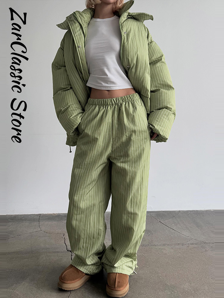 Ensemble décontracté pour femme : Manteau rembourré en coton à rayures, veste à capuche zippée à manches longues et pantalon à taille élastique – Collection Hiver 2026