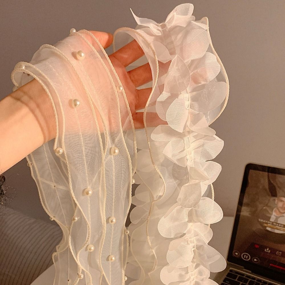Nouveau Foulard Blanc en Dentelle avec Pétales et Perles, en Organza Français, Long et Fin, Accessoire de Mode
