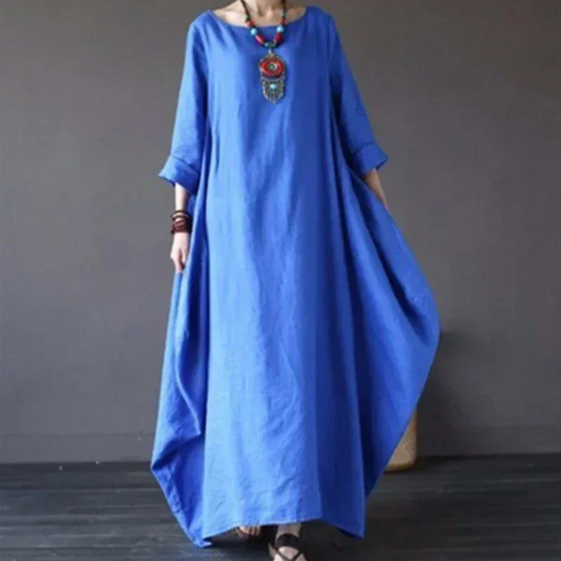 Robe d'été fine en coton et lin pour femmes, manches longues, style Boho, couleur unie, caftan Vintage
