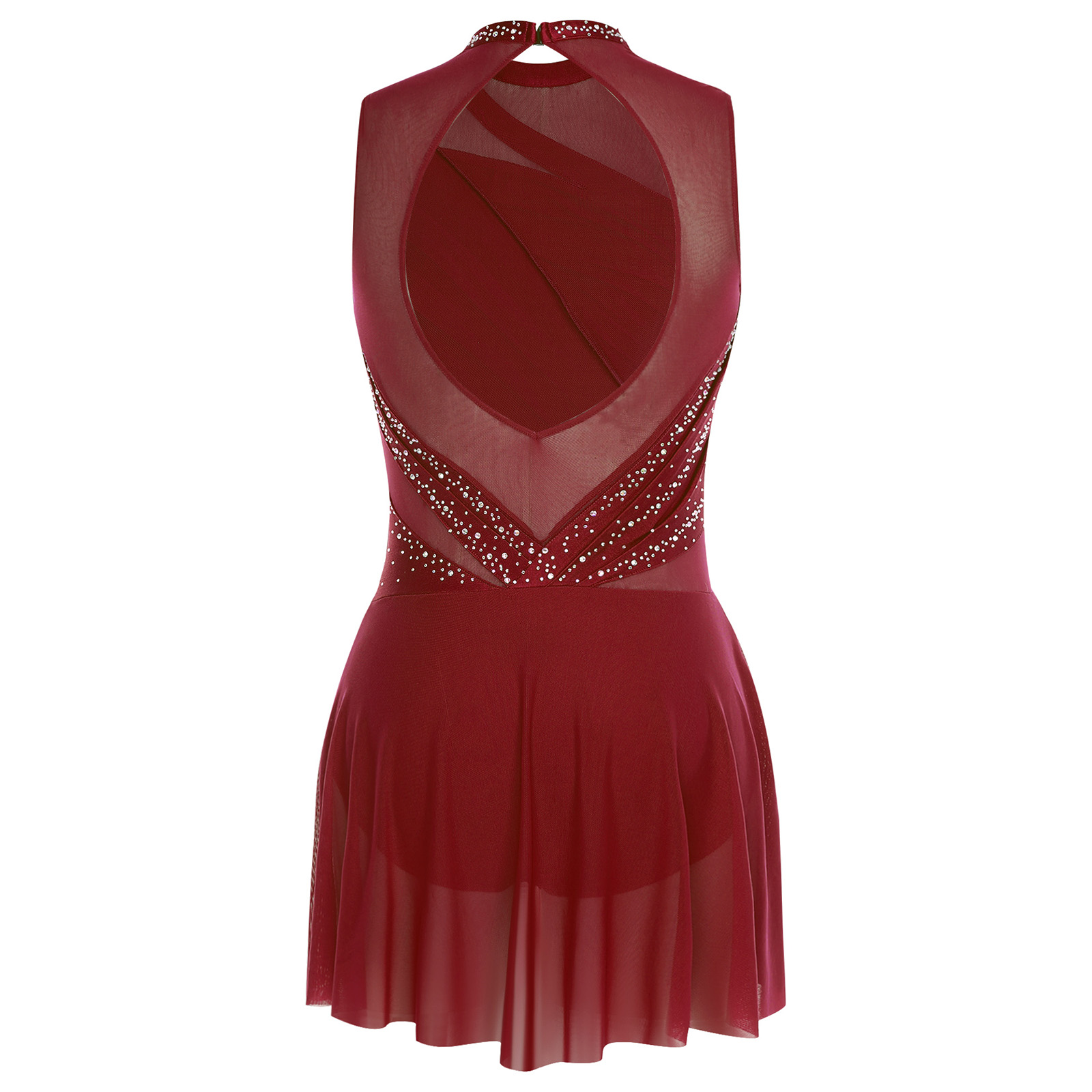 Robe de danse lyrique froncée pour femmes, col rond, sans manches, strass, dos nu, pour compétition de spectacle sur scène