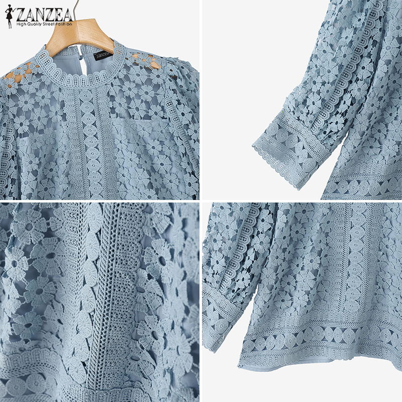 ZANZEA Blouse élégante en dentelle pour femme, manches 3/4 bouffantes, couleur unie, tunique décontractée transparente à col rond pour l'été 2026, chemise de bureau pour femme