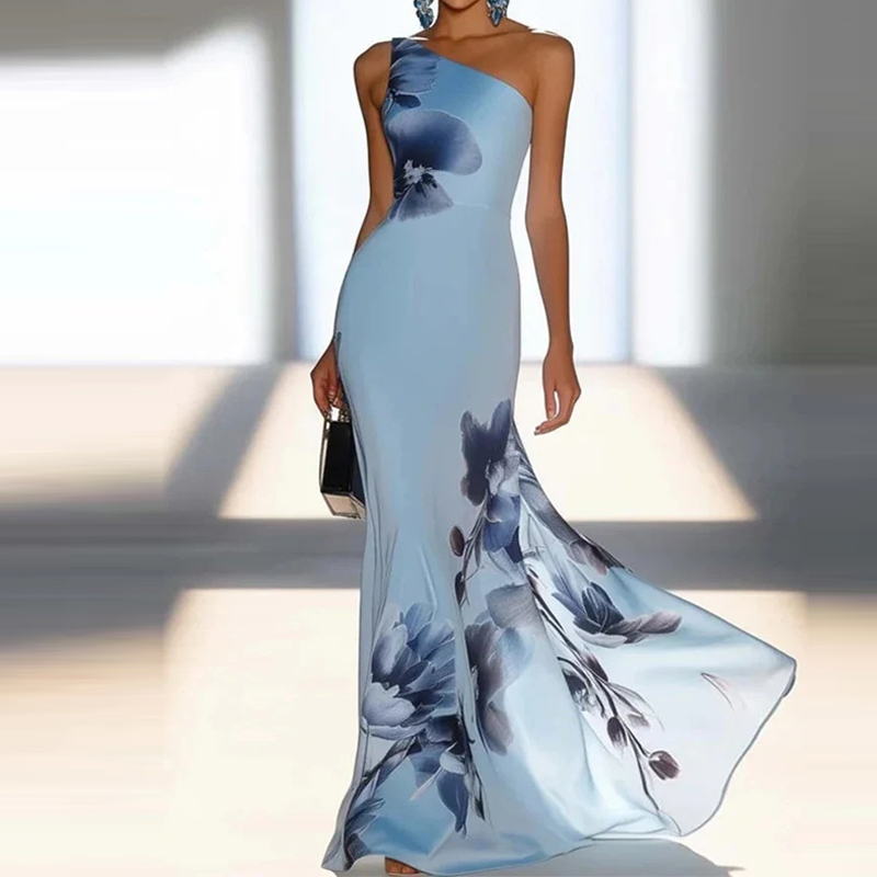 Robe de soirée élégante sans manches à découpes, taille haute plissée en mousseline, col bateau sexy, imprimé floral