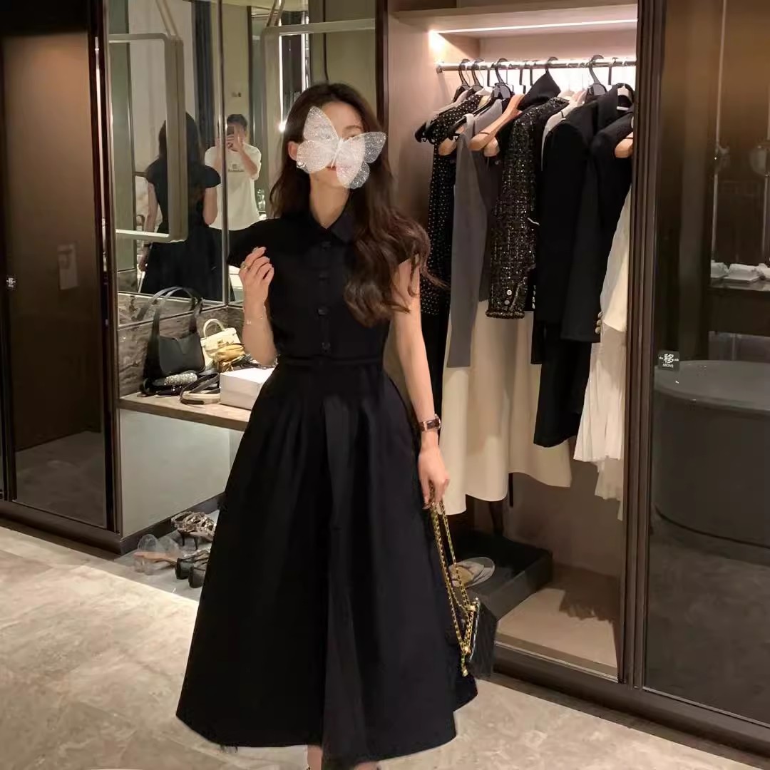 Robe à la mode pour femmes, style français, robe Hepburn pour le bureau, robe parapluie unie à manches courtes, chemise-robe noire à manches courtes
