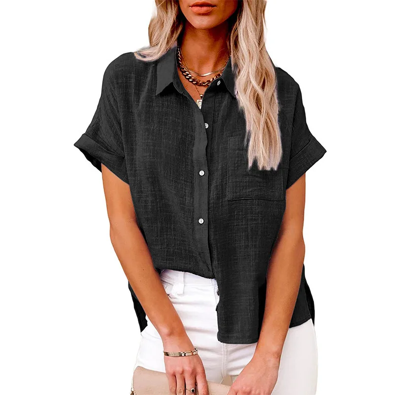 Femmes T-shirt médicaments L-5XL plus taille populaire européenne et américaine médicaments d'été coton et lin poche boutons à manches courtes