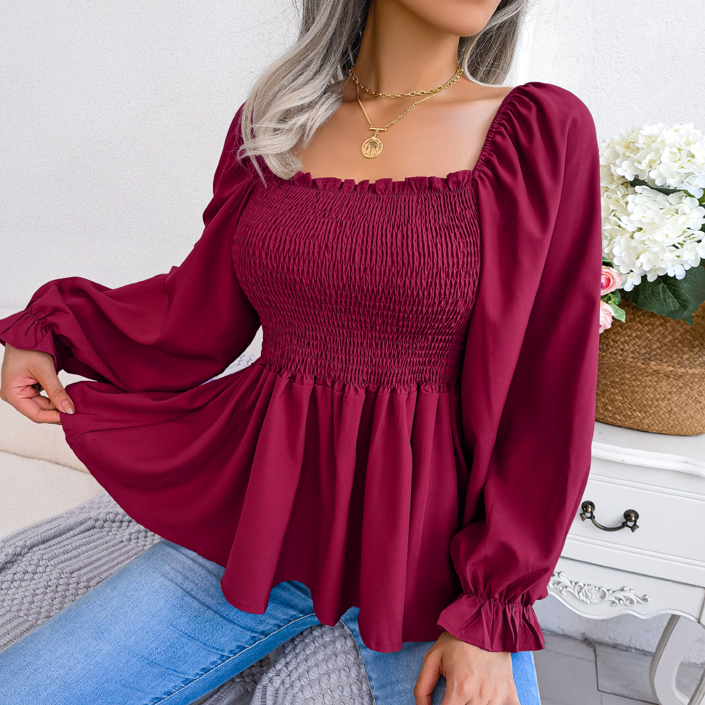 Chemisier en mousseline de soie pour femmes, couleur unie, manches longues, volants, haut péplum, blanc, rouge, vert, bleu, noir, vêtements pour femmes, 2026
