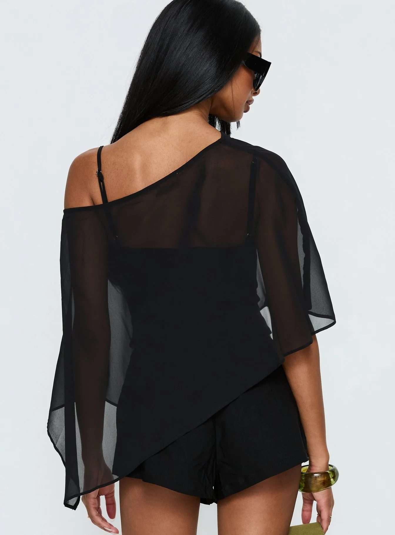 Hauts cape transparents d'été pour femmes, à manches bouffantes, asymétriques à une épaule, col bateau, poncho châle tendance, style streetwear