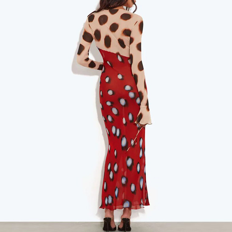 Nouvelle Robe Longue Moulante Femme à Pois Contrastants Col V Taille Haute Manches Longues Décontractée pour le Printemps et les Fêtes