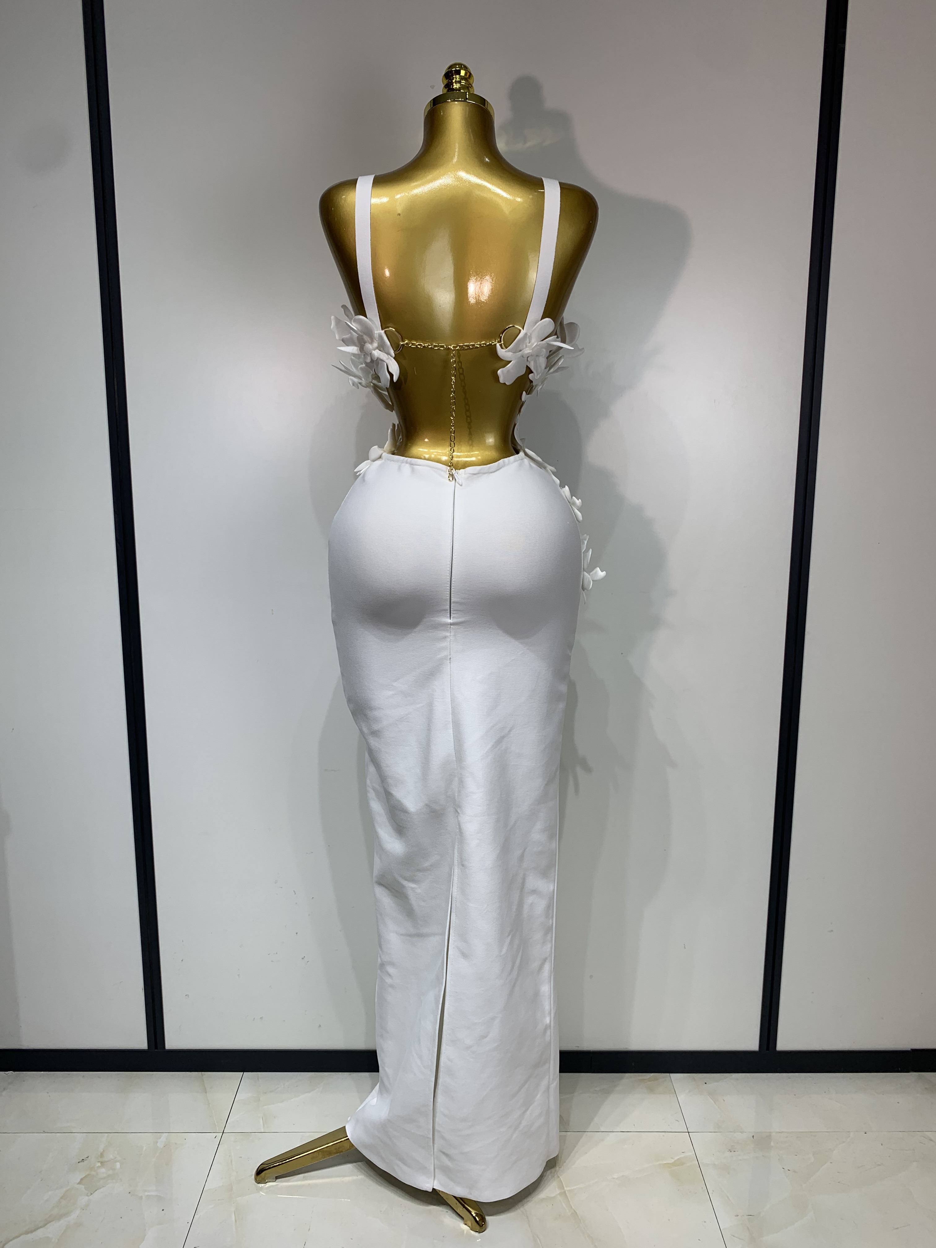 Ensemble deux pièces sexy blanc à fleurs pour femme, col en V, bandage, robe de soirée, de bal, de boîte de nuit, tenue de luxe pour anniversaire